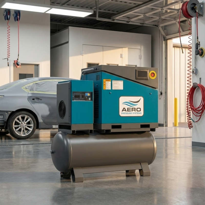 Aero compressor in a warehouse setting with a car in the background