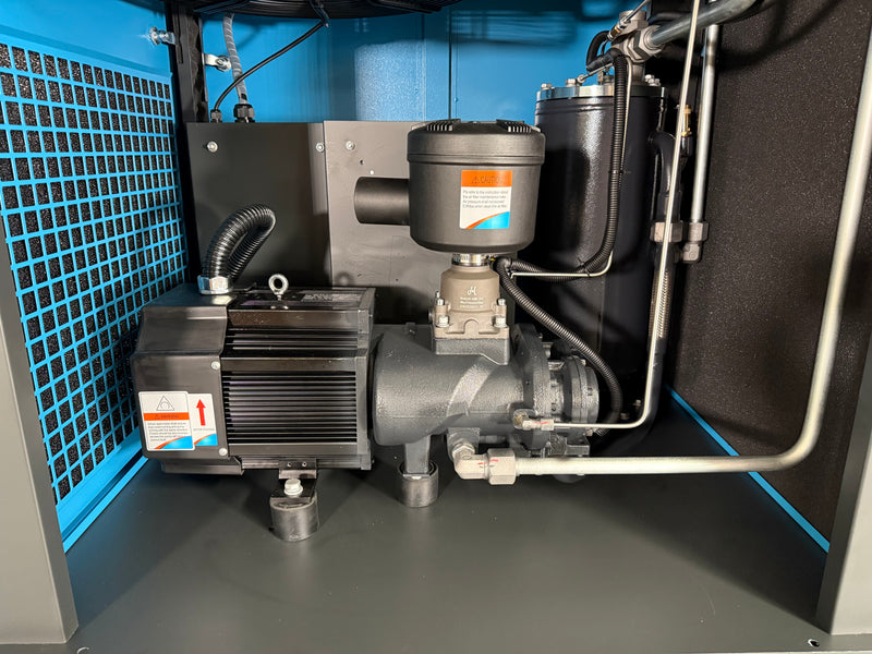 Inside of the AERO VSD COMPRESSORS SERIES. WITH PM MOTOR AND DIRECT DRIVE SCREW AIR END