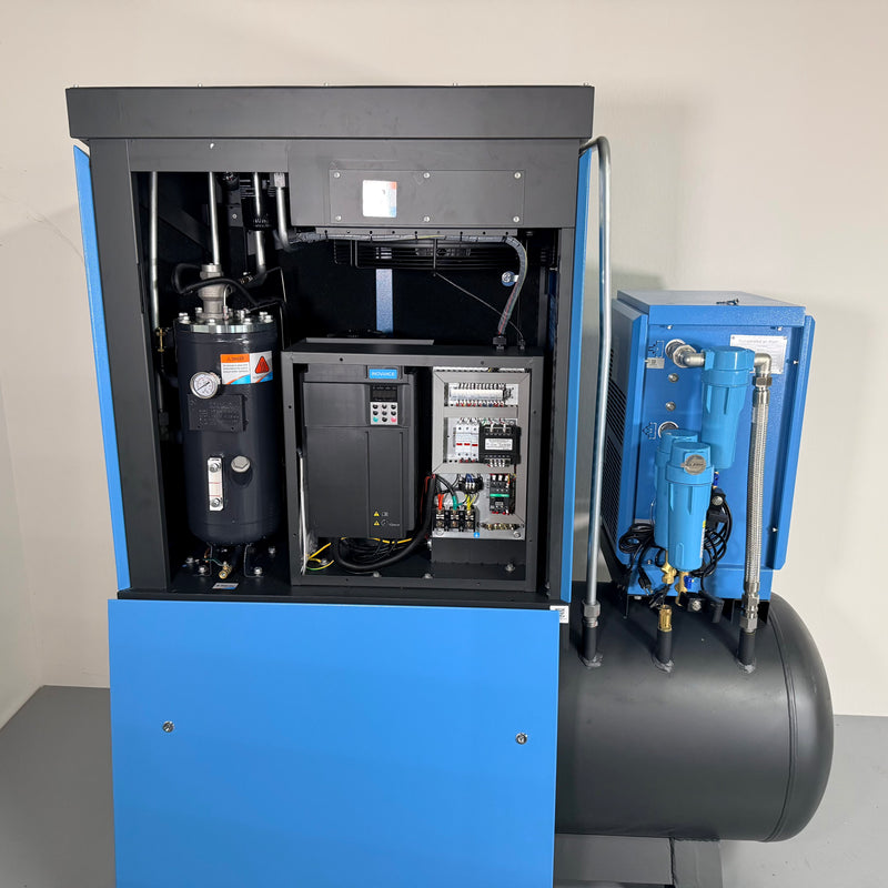 Rear open of AERO All-in-One VSD20 20 HP VSD rotary screw compressor system with integrated dryer and ASME air tank