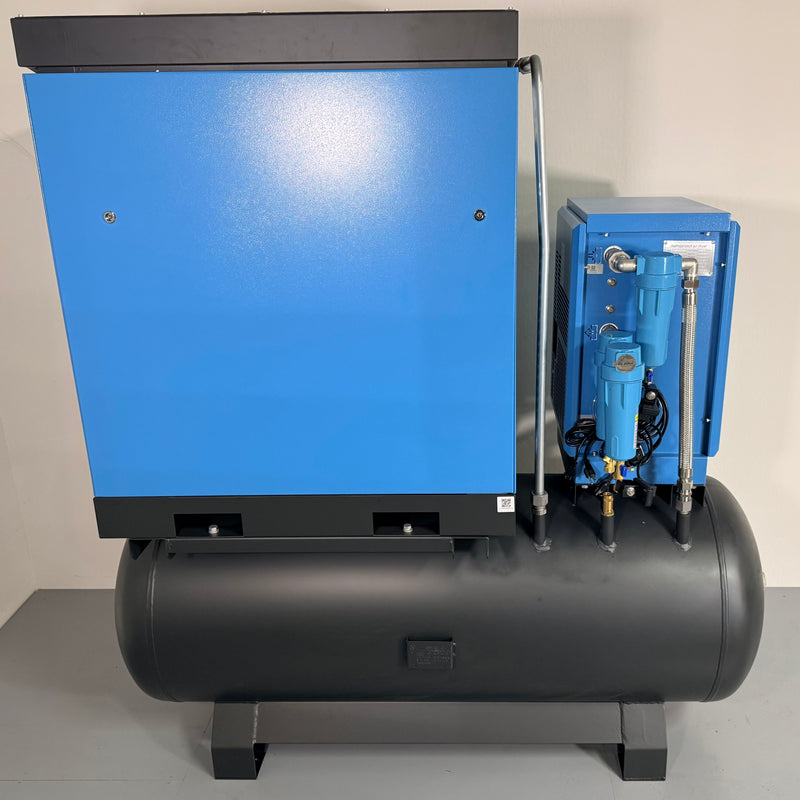 Rear of AERO All-in-One VSD20 20 HP VSD rotary screw compressor system with integrated dryer and ASME air tank